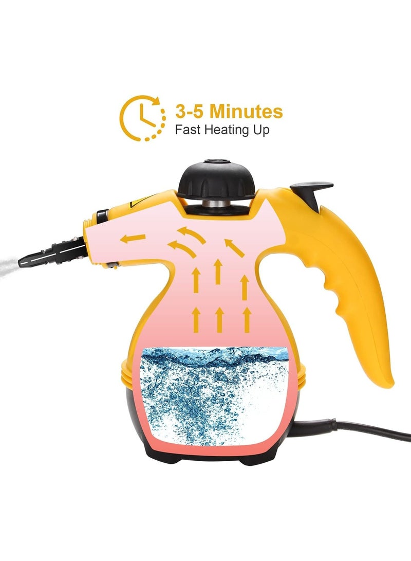 منظف بخار يدوي محمول عالي الضغط 1000 واط مع ملحقات متعددة 9 قطع شامل للأرضيات والمطابخ والحمامات والسجاد والنوافذ والزجاج والستائر والمراتب والسيارات والمنازل بالكامل – Steam Cleaner قوي للتنظيف العميق وإزالة الدهون والبقع الصعبة وقتل 99.9% من البكتيريا وتعقيم شامل للأسطح والأدوات الحساسة للأطفال – جهاز تنظيف بالبخار أصفر وأسود متعدد الاستخدامات للعناية المنزلية والتنظيف الاحترافي - Image 4